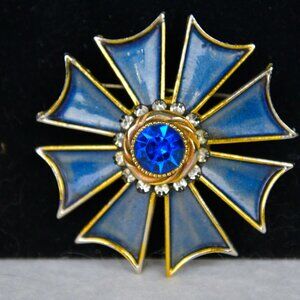 HAR Blue Enamel Maltese Cross Style Rhinestone Signed Brooch Pin 2.25" VTG